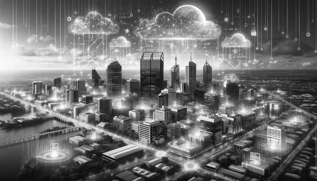 Monochrome digital artwork of Darwin’s cityscape with futuristic overtones, featuring digital icons and symbols representing online business tools and connectivity floating above the skyline. The landscape is illuminated with a network of glowing lines and interfaces, suggesting a dynamic, interconnected digital ecosystem.